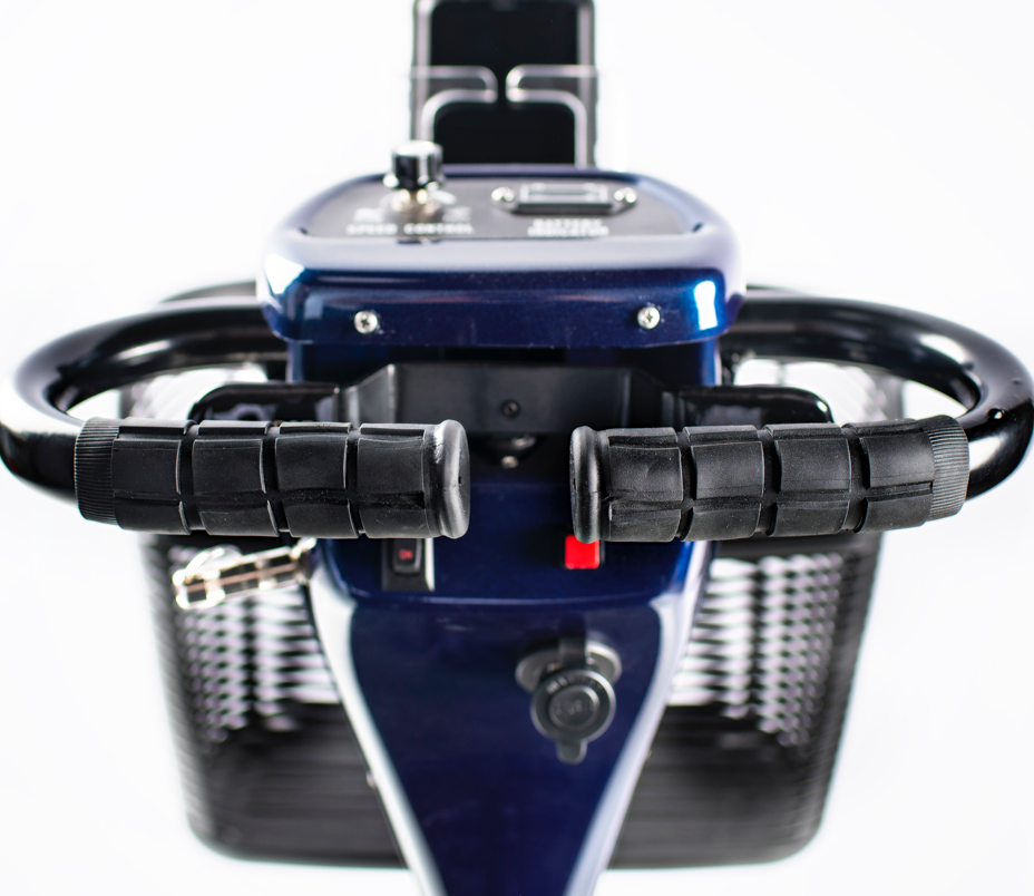 Closeup image of the Delta steering on Walker Mobility scooters