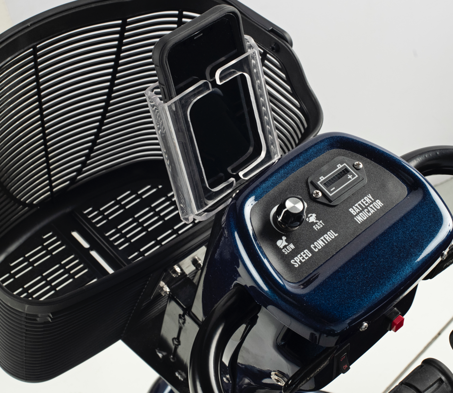 Closeup image of the cell phone holder on a Walker Mobility scooter