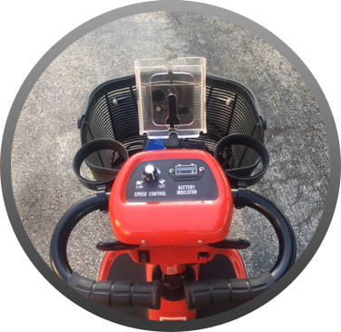 Point of view shot of the controls of the Triple Lindy Comfort Model scooter